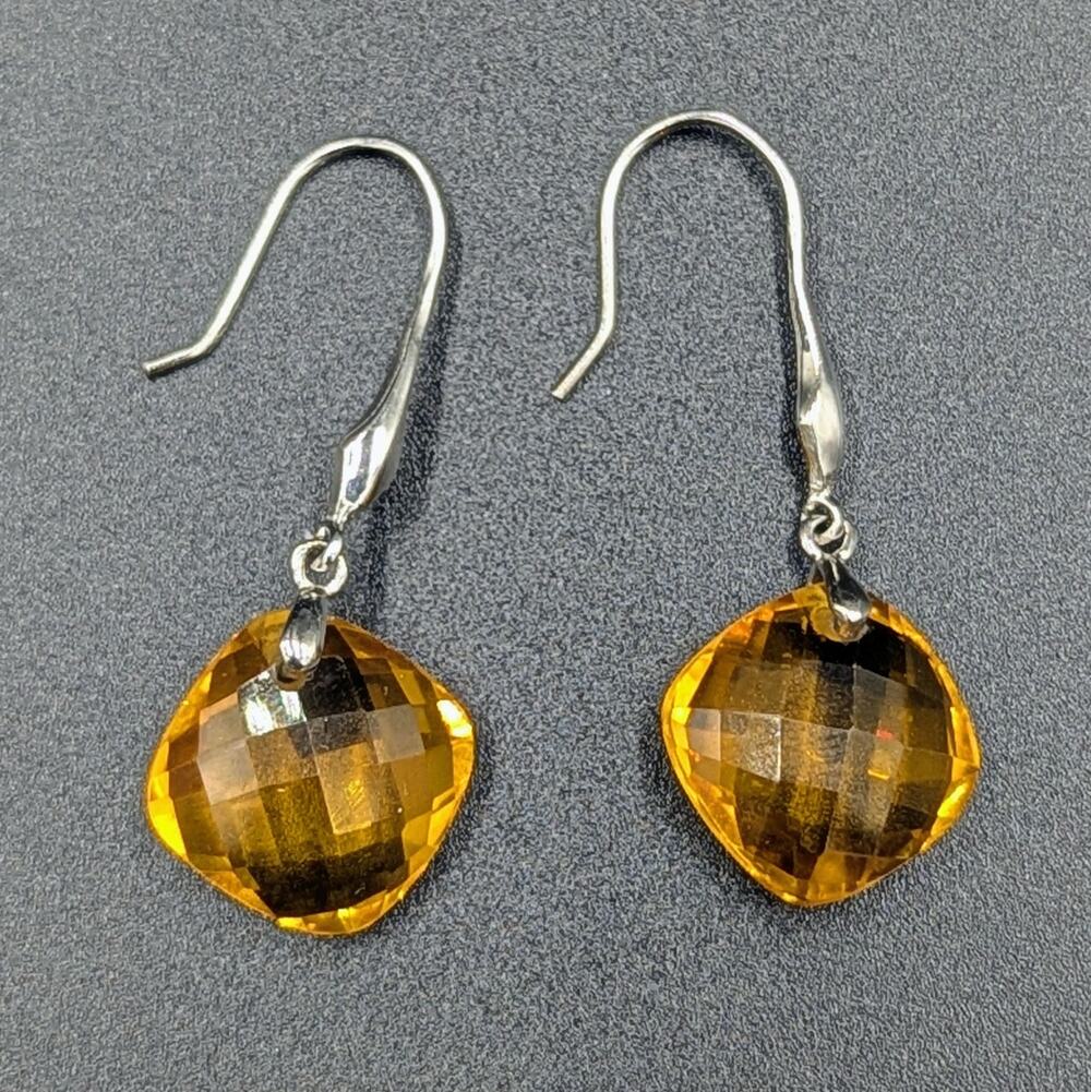 925 Sterling Silver Faceted Amber-Tone Drop Earrings Cushion Cut Dangles